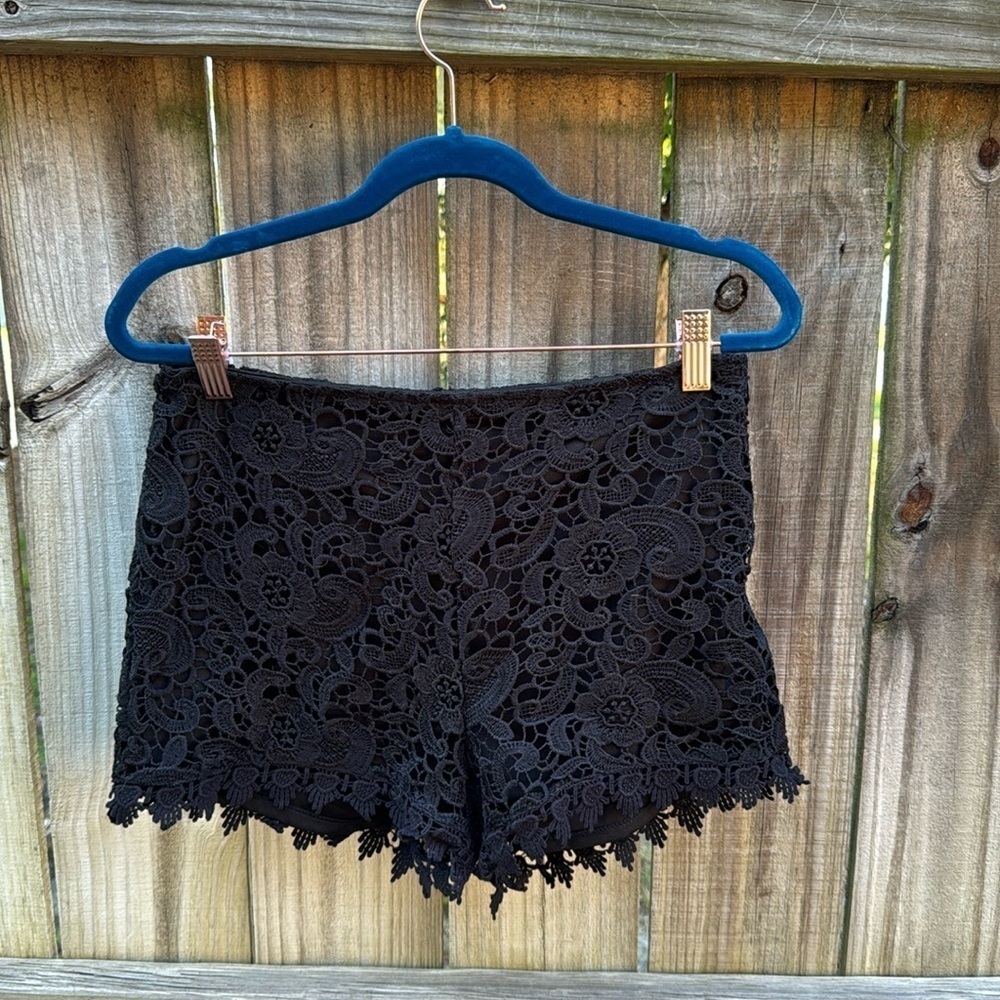 Francesca’s ‘Blue Rain’ black crochet lace shorts, size small